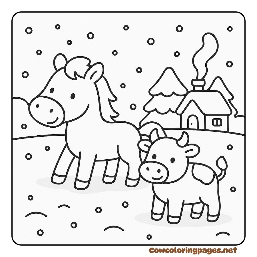 Coloring page of a cow and a horse in the snow next to a small house
