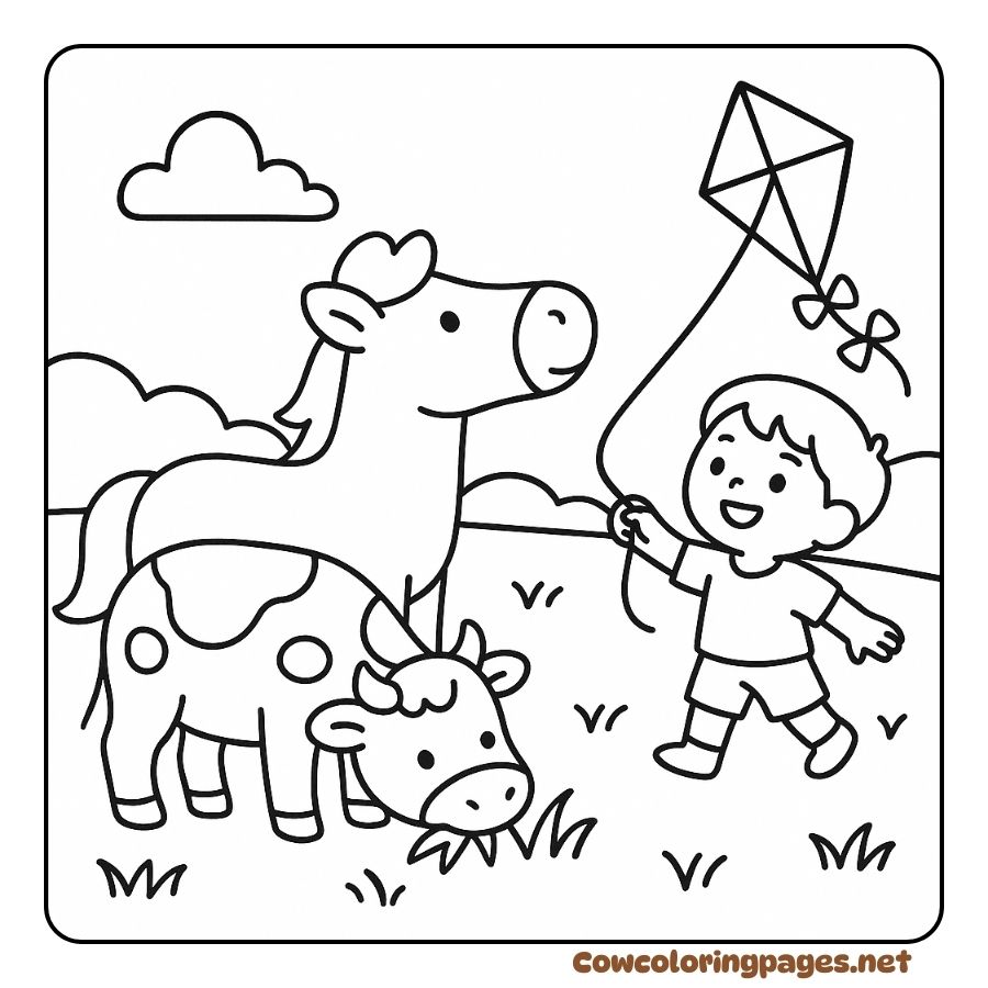 Coloring page of a boy playing a kite with a cow and a horse in the field