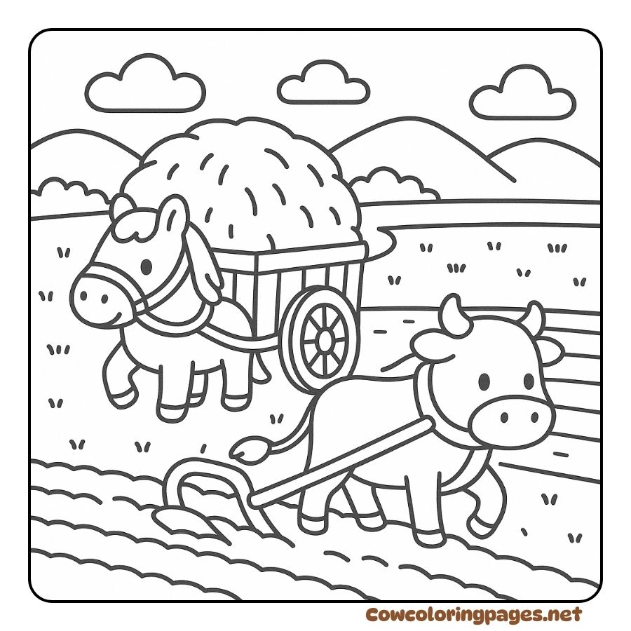 Coloring page of a cow pulling a plow and a horse pulling a cart full of hay