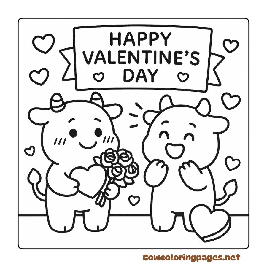 Coloring pages of cute cows celebrating Valentine's Day