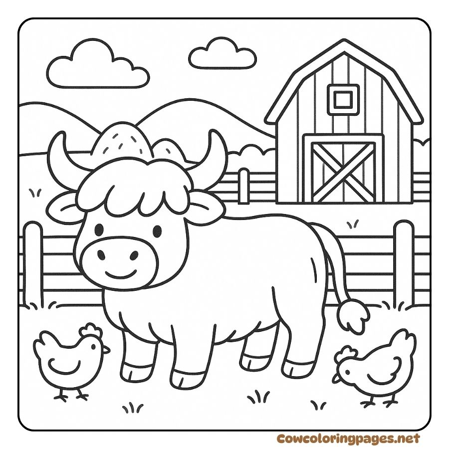 Cow Coloring Page In The Farmyard With Chickens