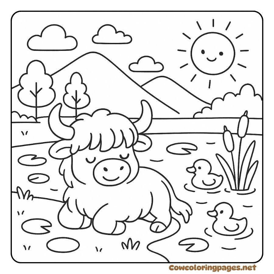 Cow Relaxing Coloring Page With Little Ducks