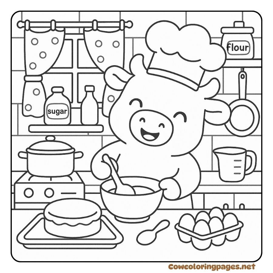 Coloring page of a chef cow making a cake in the kitchen