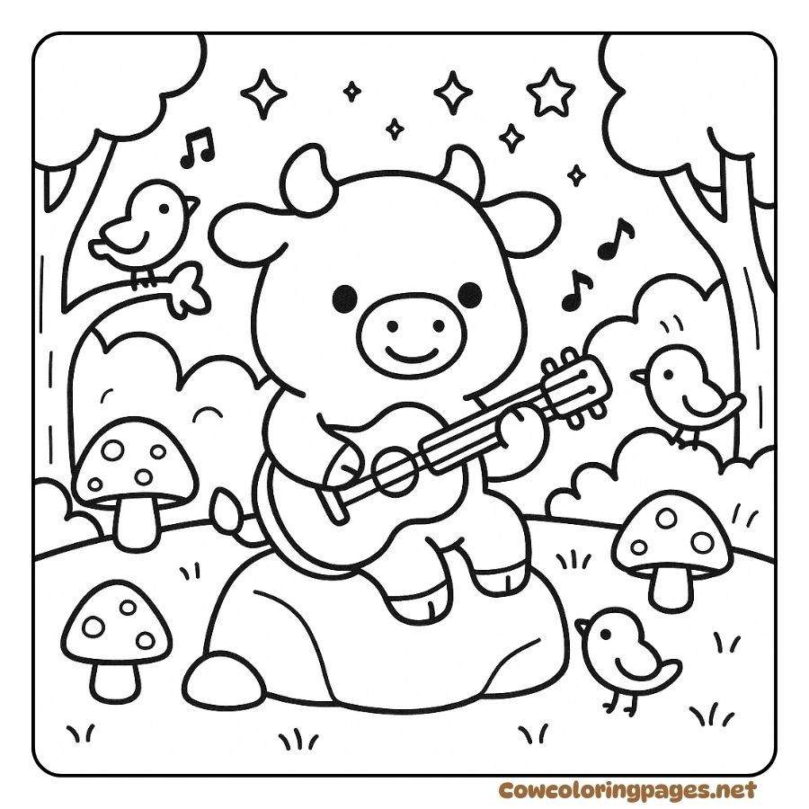 Coloring page of a cow playing with birds in the forest