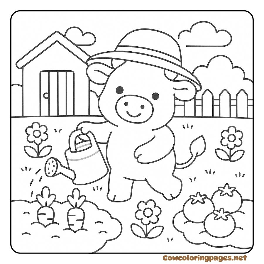 Coloring page of a cow watering plants in a small vegetable garden