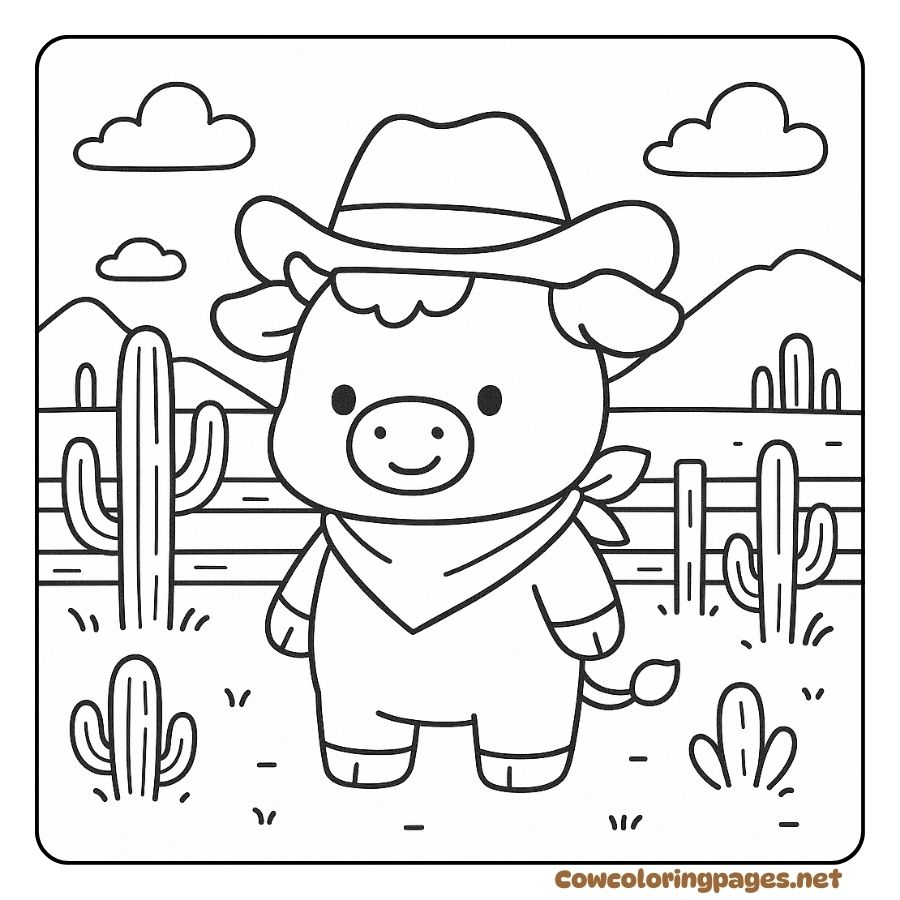 Coloring Page of Baby Cow Wearing a Cowboy Hat in the Desert