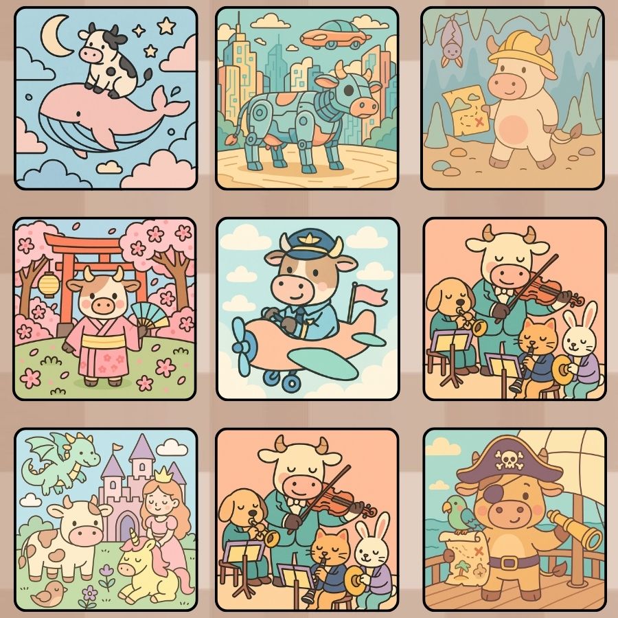 Playful cow characters in fantasy and everyday life