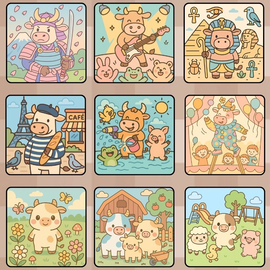 Cows as Samurais, Musicians, Clowns and Explorers