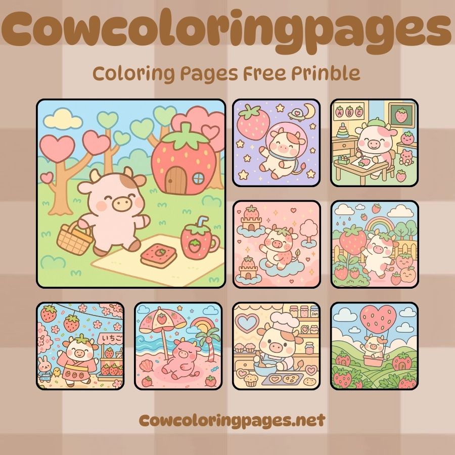 Adorable strawberry cow coloring page in pastel tones