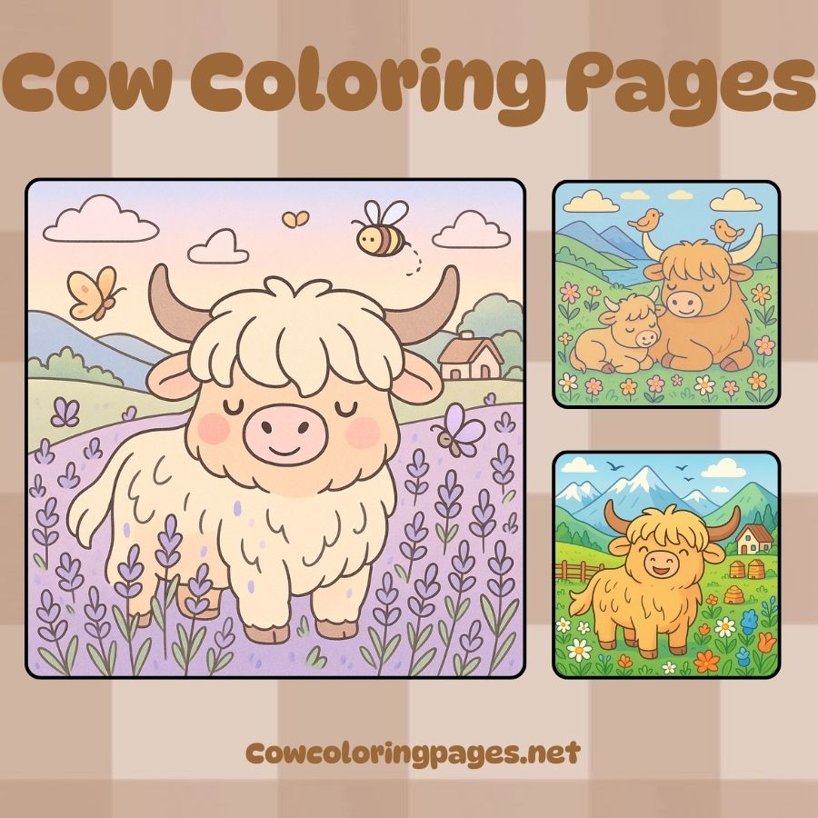 Cute cow coloring page with flowers and farm scene