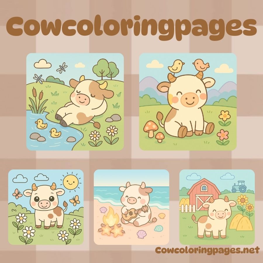 Happy cow coloring page with outdoor setting