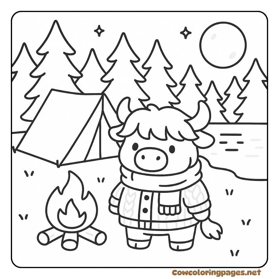Cute highland cow coloring page camping by the fire