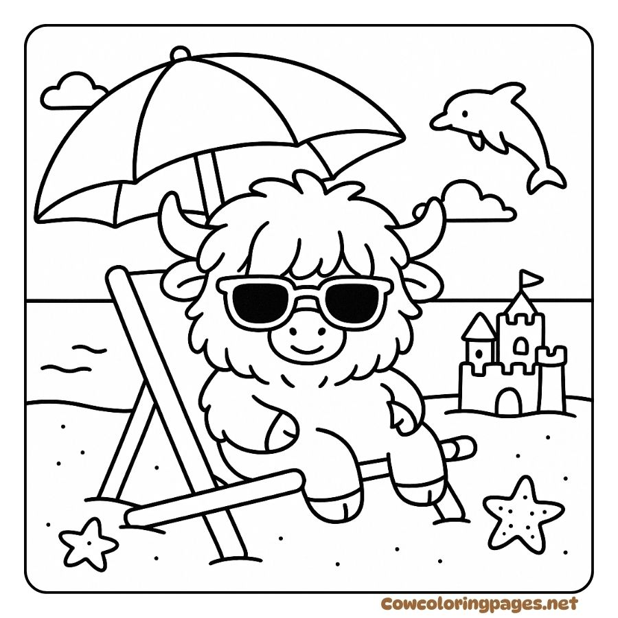 Cute highland cow coloring page relaxing on a beach chair