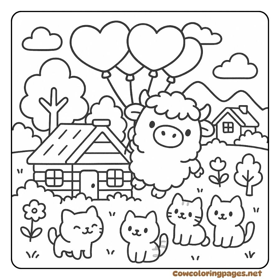 Cute highland cow coloring page flying with heart balloons