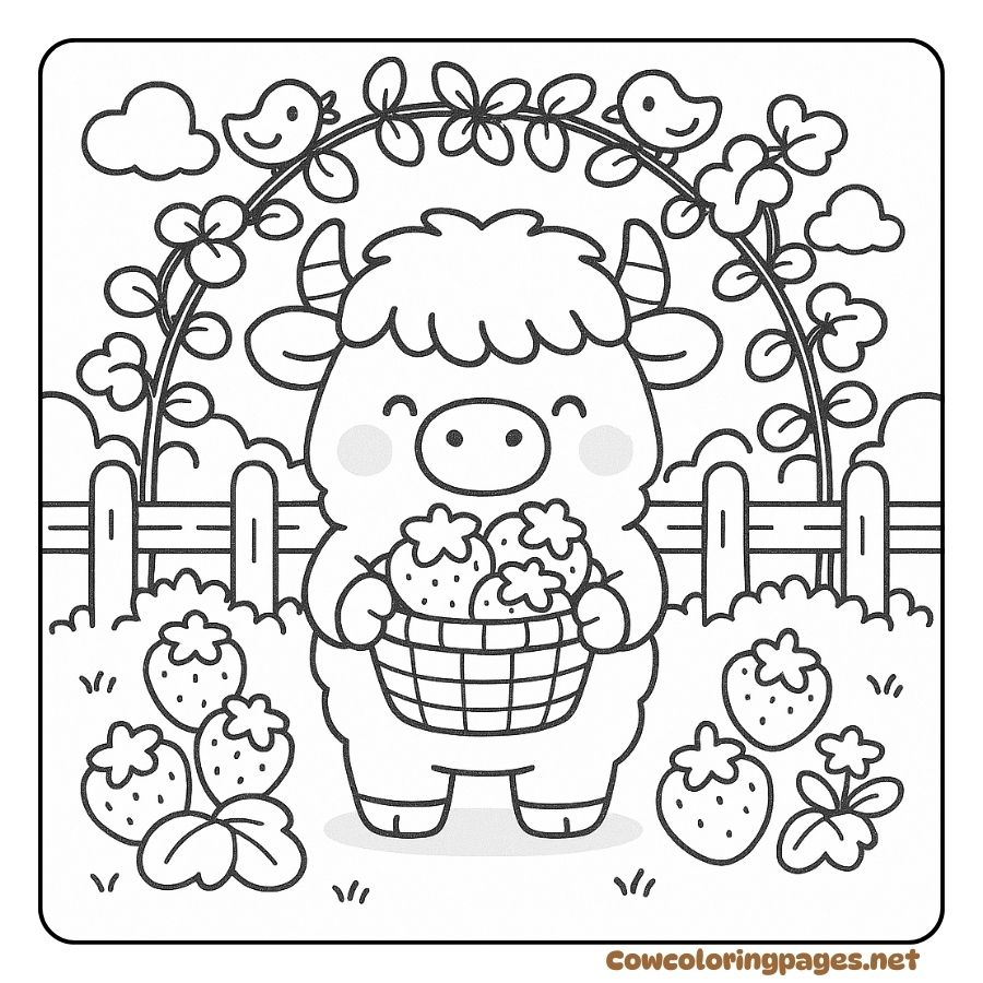 Cute highland cow coloring page harvesting strawberries