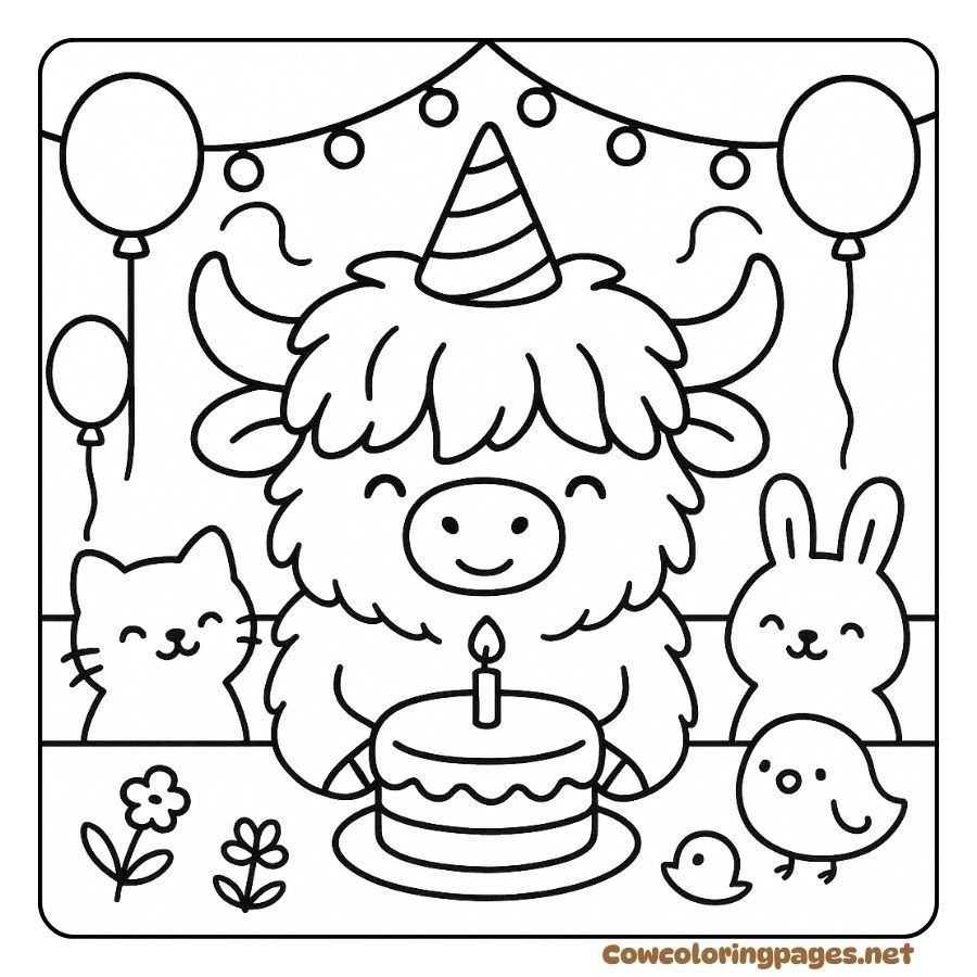 Cute highland cow coloring page at a birthday party