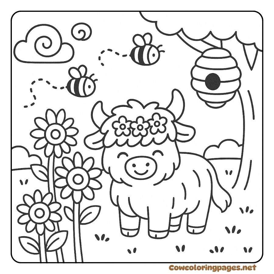 Cute highland cow coloring page with lovely flowers and beehives