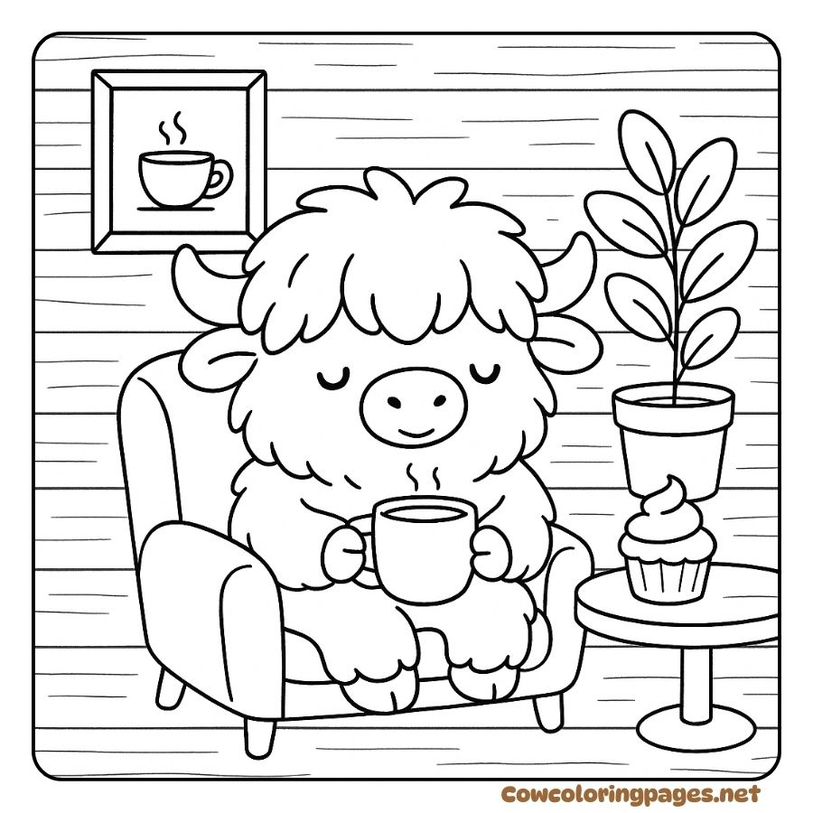 Cute highland cow coloring page relaxing and drinking hot tea