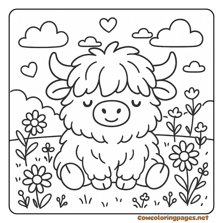 Cute highland cow coloring page between flowers and flying hearts