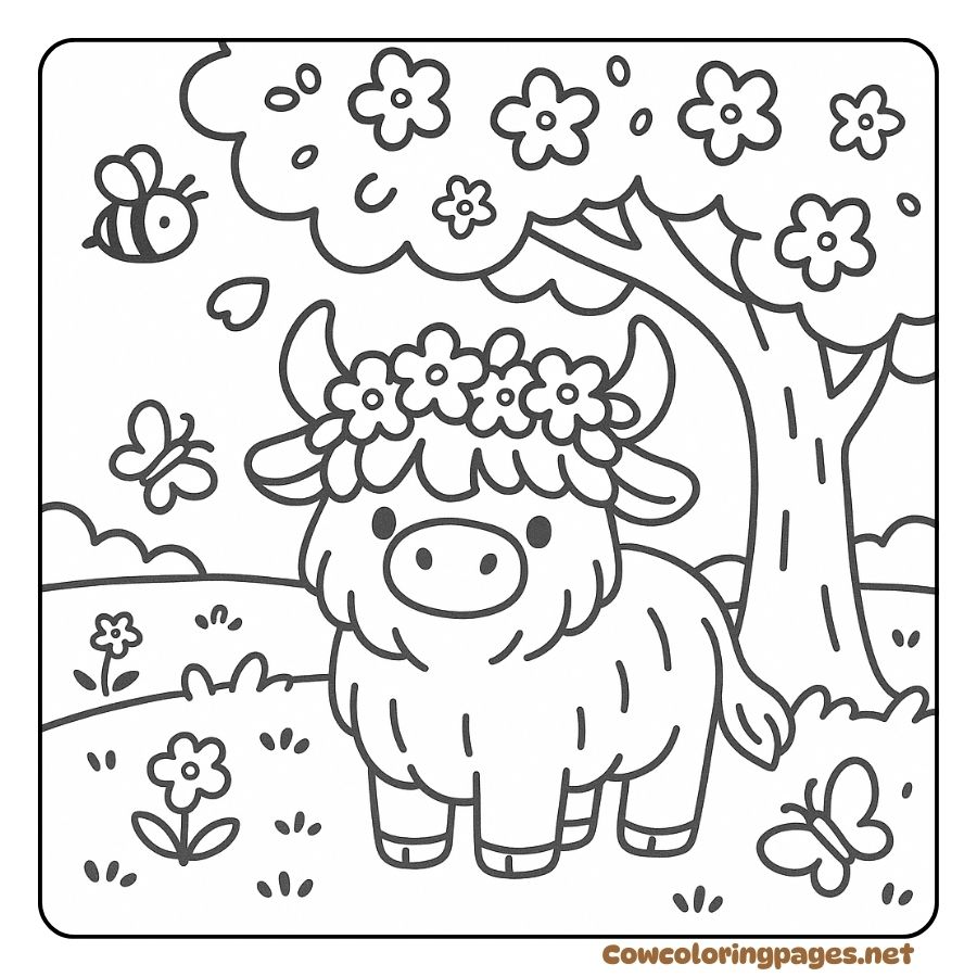 Cute highland cow coloring page under the canopy of flowers and butterflies