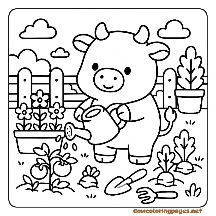 Coloring page of a baby cow watering vegetables and tending the garden in the morning