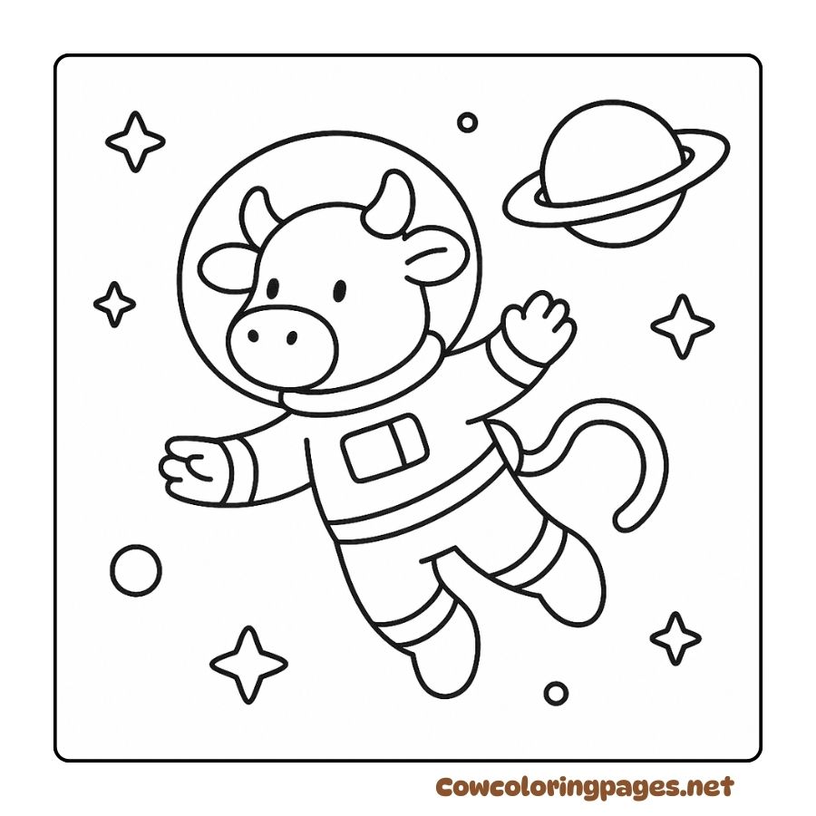 Coloring of an astronaut cow flying in the middle of the galaxy