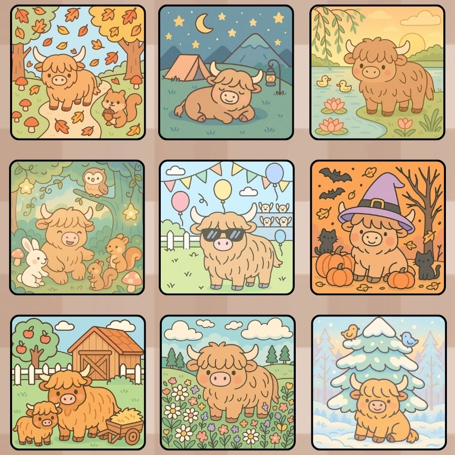 Charming cows celebrate autumn nature and parties