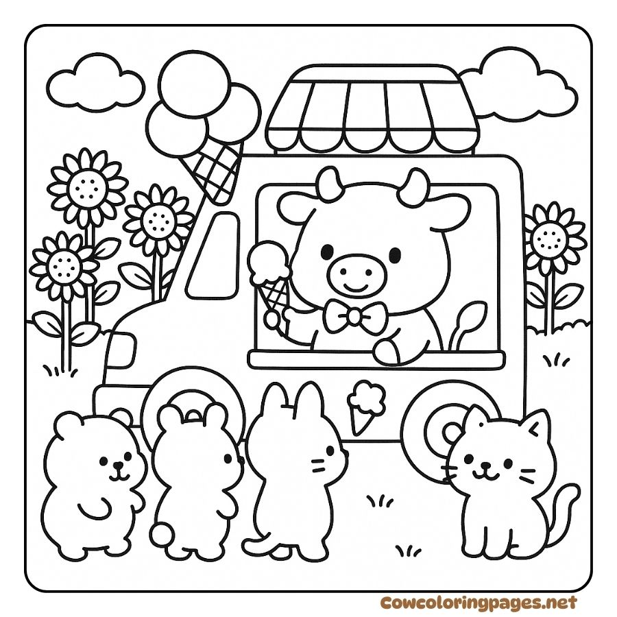 Cute Ice Cream Cow Coloring Page in a Truck