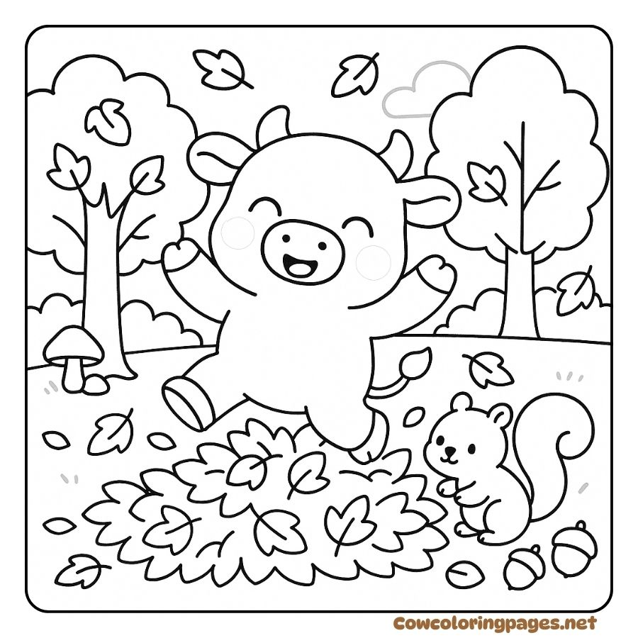 Cow Jumping in the Forest with Autumn Leaves and Baby Squirrels Coloring Page