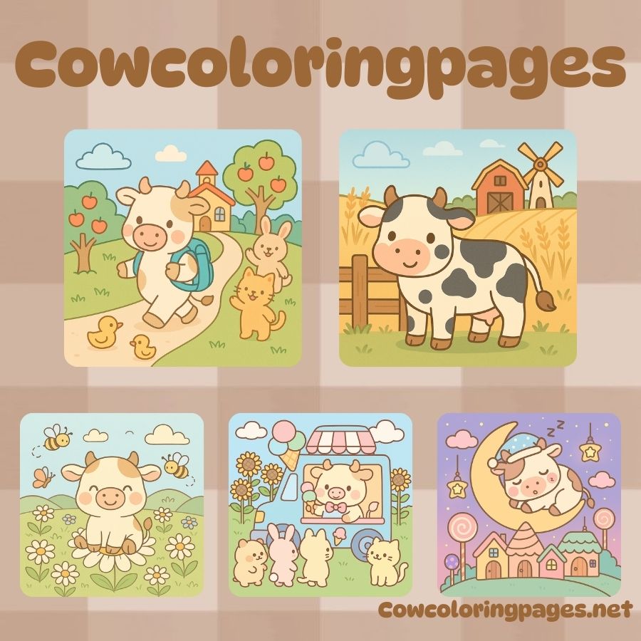 Cute cow coloring page with farm and fantasy theme