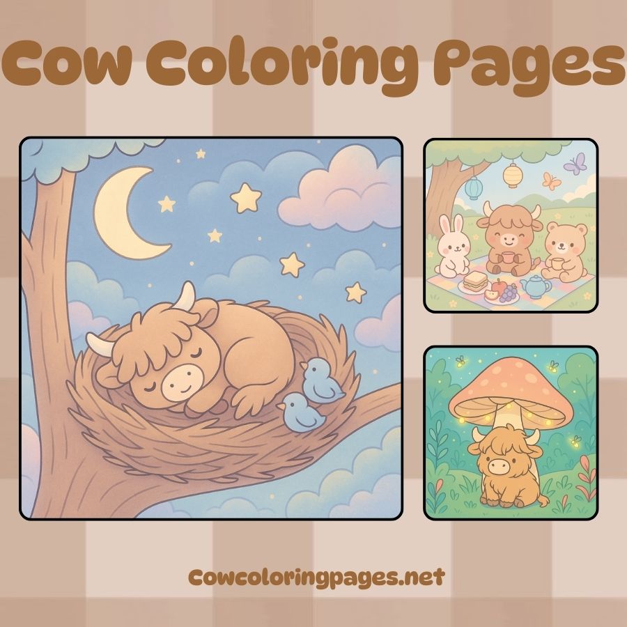 Funny cow coloring page with dreamy forest scene