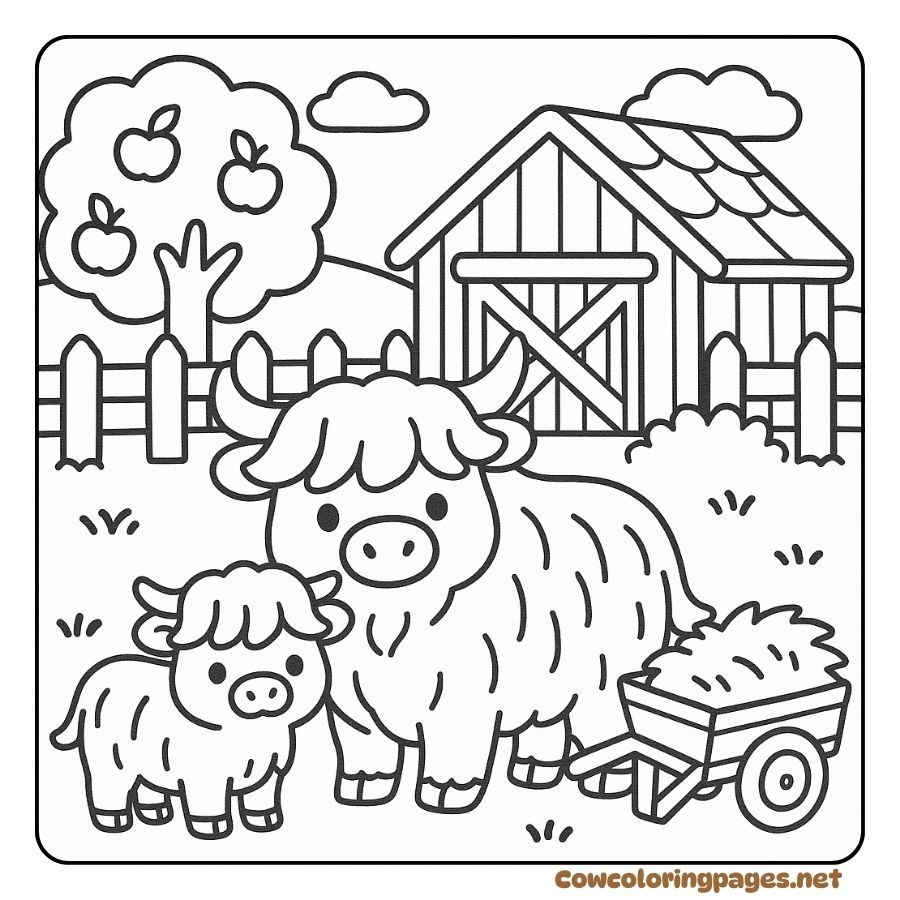 Mother Cow and Calf Coloring Pages Near a Barn