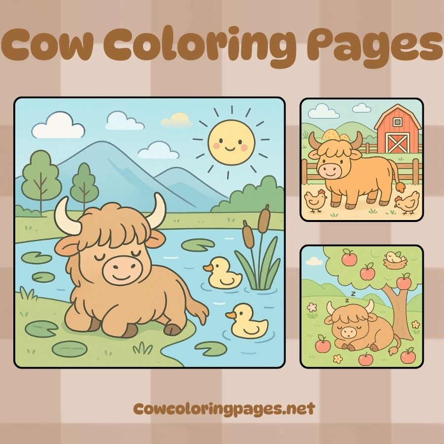 Cute cow coloring page with farm and nature scene