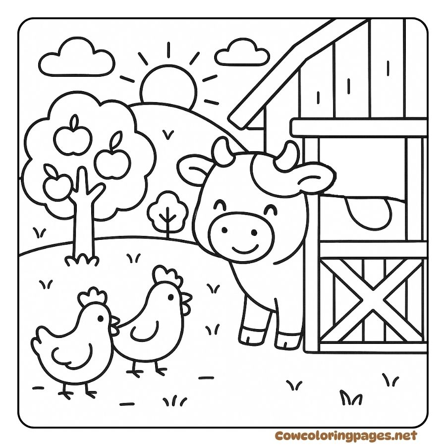 Coloring page of a baby cow sticking its head out of the barn to welcome the dawn