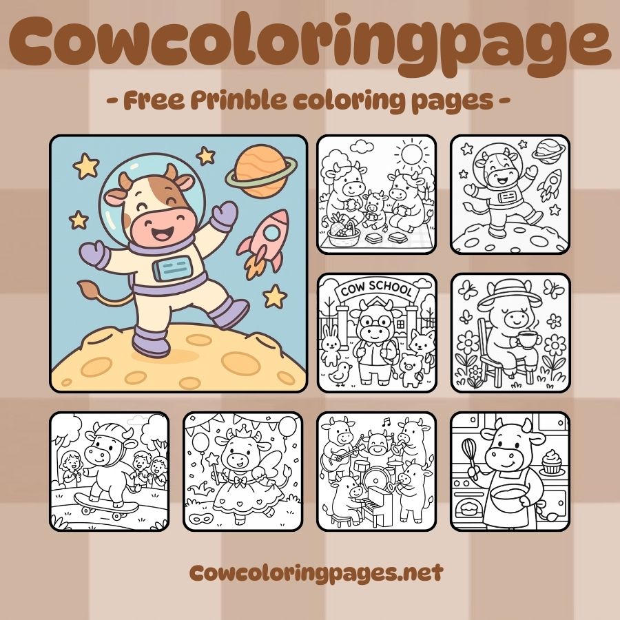 Coloring Pages Cows in space scene with rocket and galaxy