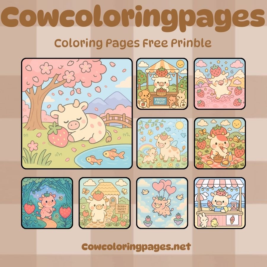 Strawberry cow coloring page in pastel tones
