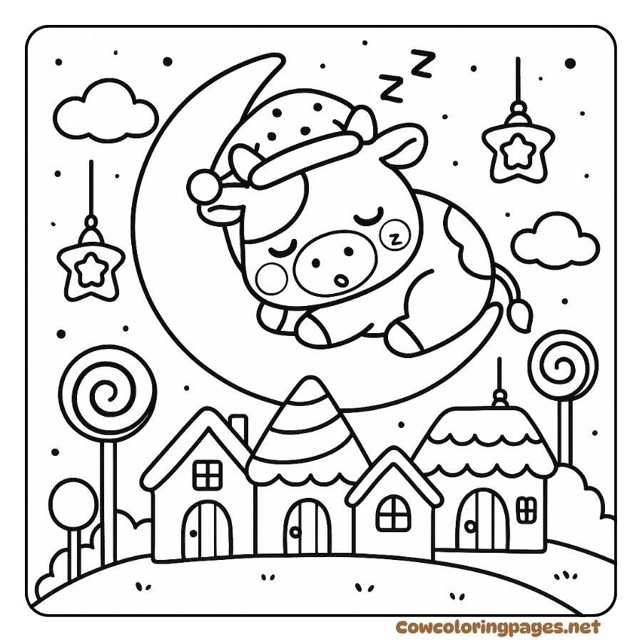 Baby Cow in a Nightcap Dreaming on the Moon Coloring Page