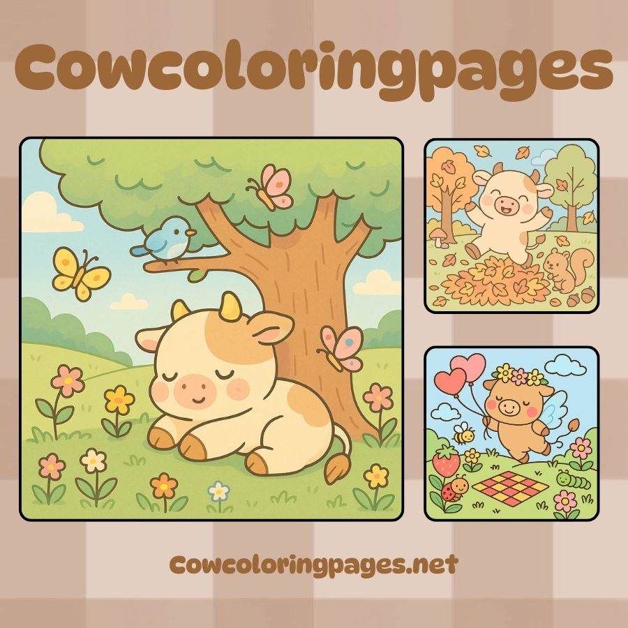 Cute cow scene coloring page spring, fall and a love picnic